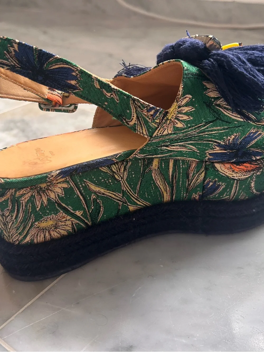 Castañer Tassel Embellished Green Floral Slingback Wedges